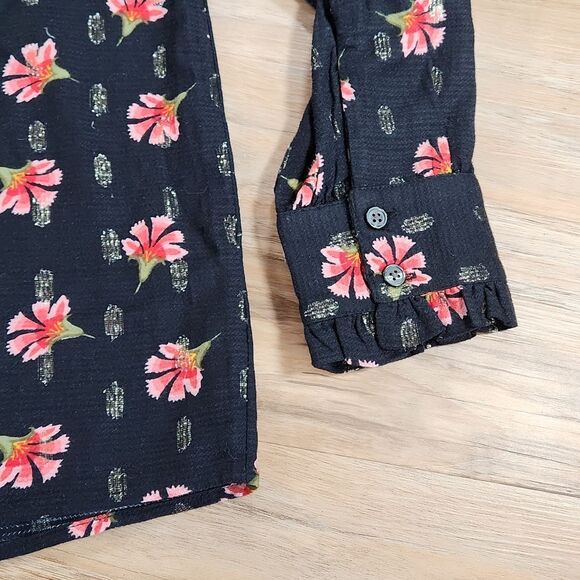 🔺️Loft Black & Red Floral Print & Metallic Gold Long Sleeve Top Small - Picture 8 of 11